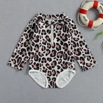 Lioraitiin 2-6Years Модни Бански костюми За Бебета Baby Момиче С Дълъг Ръкав Плъзгачи Леопард Printed High Neck Zipper Гащеризон