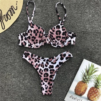 RUUHEE High Waist Bikini 2021 Swimwear Women Леопард Бразилски Комплект Бикини Push Up Бански Плажни Дрехи, Бански женски