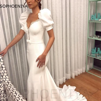 Нов прием на Осп sleeve Mermaid Evening dress 2021 White Lace V Образно деколте Robe femme Prom Парти, Вечерни рокли, Вечерни рокли