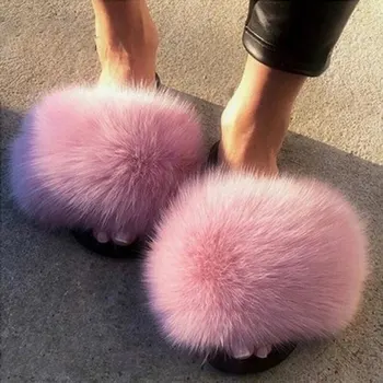 Дамски кожени чехли Дамски Горещите Модни женски пухкави чехли Дамски обувки Сладки Плюшени Фокс Косата Пухкави сандали Зимни топли чехли