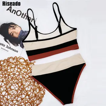 Riseado High Waisted Bikini 2021 Push Up Swimsuit Мозайка Бански Костюми, Дамски Колан Бански Оребрена Секси Бански Костюм Лятото