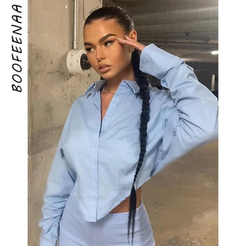 BOOFEENAA Секси Blouses White Blue Тениски for Women Streetwear Oversize Casual Clothes Button Up Long Sleeve Crop Върховете C83-CI20