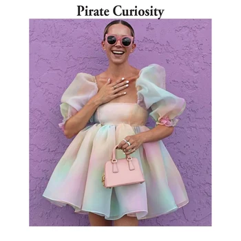 Пиратски любопитство с буйни Ръкав Секси Вратовръзка Боядисват Mini Dress Fashion Square Collor Princess Подпухнали Dresses 2021 Party Vintage Dress