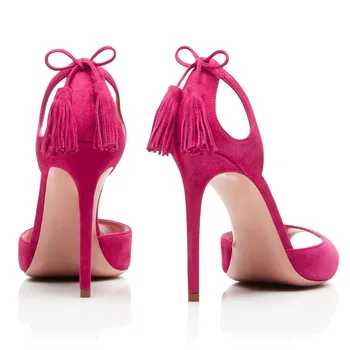 Дамски сандали с отворени пръсти на висок ток с пискюл Розови деколтета D ' Orsay Черна вечерна рокля, токчета на Дамски летни обувки на ток 2018