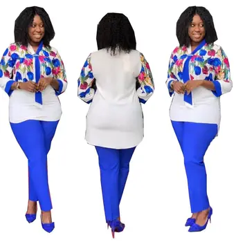 3XL Плюс Размер Жени Печат От Две Части Комплекти Бели Ризи Блузи И Панталони Дама Мода Нередовни Сплит Ежедневни Костюми Afican пролет Набор от