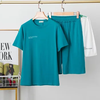 2021 Пролетта и Лятото на Нов Писмо Печат Кръгъл Отвор Плътен Цвят С къси ръкави Мъже и Жени Двойка Тениска + Плътен Цвят Панталони