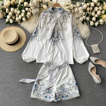 2021 New Women ' s New Fashion Stand Neck Long Sleeve Printed Elegant Тениски + Wide-крака Shorts Two Piece Sets