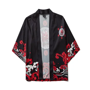 Harajuku Японската Мода Кимоно 2021 Бял Черен Мъже и жени, Блуза, Жилетка Haori Оби Азиатската Облекло Самурай