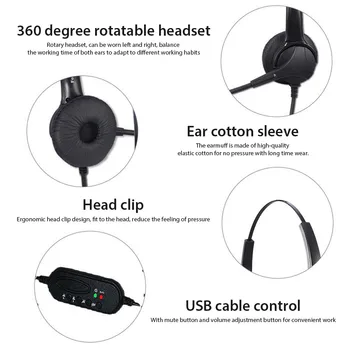 USB Слушалки с Едностранно Удобни Слушалки с Кабел с микрофон за Завъртане на 360 Градуса