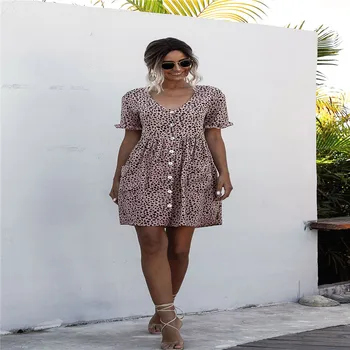 Гореща разпродажба Секси рокля с Дълбоко V-образно деколте 2020 Causdal Summer Boho Polka Dot Print Ladies Dresses Fashion Button Pocket Dress