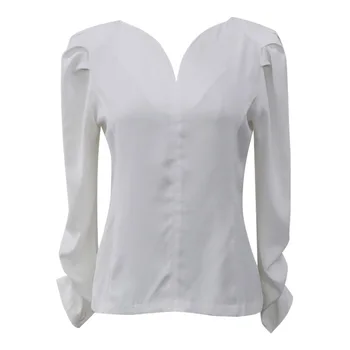 Сладки Пластове Ръкав 3D Дизайн с V-образно Деколте С Дълъг Ръкав Бяла Риза и Блуза, Пролет Нова Женска Риза Върховете Дамски Офис работно облекло