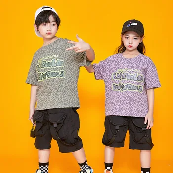 Kid Hip Hop Clothing Leopard-Print Oversize T Shirt Top Black Streetwear Summer Cargo Shorts for Girl Boy Dance Costume Clothes