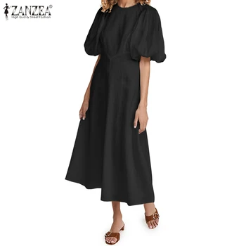 ZANZEA Women Fashion Dress 2021 Summer Puff Sleeve Mid-calf Vestidos Casual Female О-образно деколте и Дълъг сарафан Party Robe
