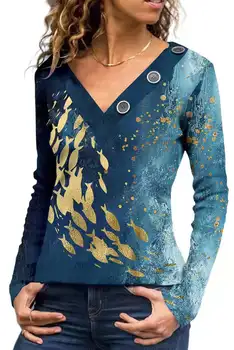 Дамски модни Есенни блузи 3 Бутона V-образно деколте Пълен ръкав Цветен принт Тънка тениска Ежедневни дамски блузи и блузи 2021