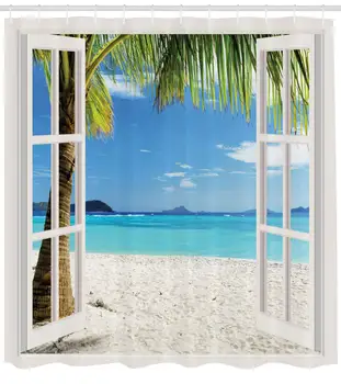 Бяла Завеса За Душ-Тропически Палми на остров Океански Плаж Чрез Бели Дървени Прозорци Набор от Декор в Банята