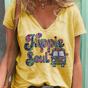 Хипитата Soul Women Shirt Short Sleeve Bus Printing О-Образно Деколте T Shirt Female Casual Ladies Върховете 2020 Summer Fashion Women ' s T-Тениски