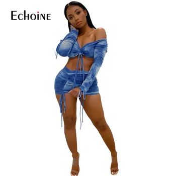 Echoine Summer tie-dye Print Women Секси Two Pieces Sets Dresses V-образно деколте и Изрязване на Върховете + мини поли, Костюми Night Club Party Спортни костюми