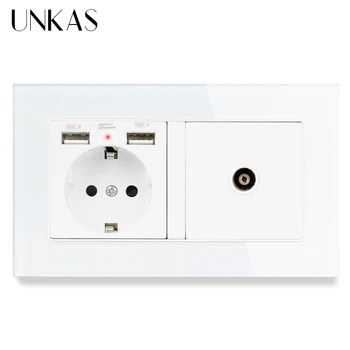UNKAS EU Standard Wall Socket 2 USB Charge Port With Hidden Soft LED + Female TV Connector Темперирано Стъкло Рамка