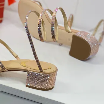 2021 Лято Планински кристал змеевидной форми на Намотките Дебели токчета на обувки с високи токчета Римски Дамски Модни сандали