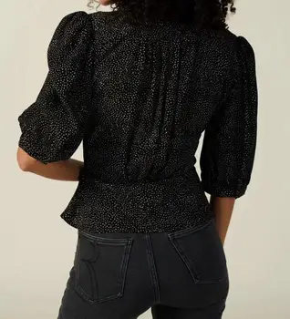 2021 Vintage France Style Puff Sleeve Shirt Fashion Dot Print Lapel Cross Waist Blouse Women One-piece Short Tops