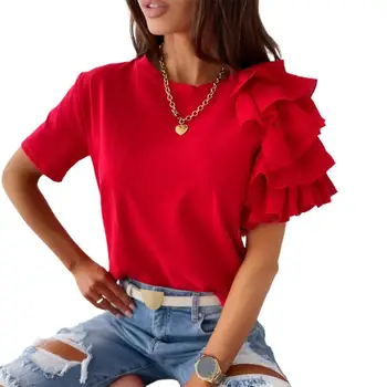 Мода Дамска Тениска Асиметричен Дизайн Плътен Цвят Пластове рюши С Къс Ръкав Асиметрична Свободна тениска Топ Лято
