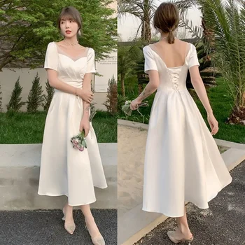 A-Line Vintage Tea Length Wedding Dress 2021 Корейски Мек Сатен Сладко С Къси Ръкави Сватбени Рокли vestidos de mairee Wedding