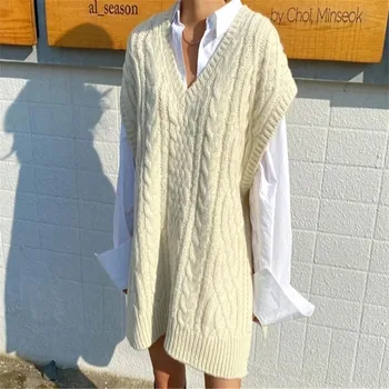 2020 есен и зима нов жилетка жилетка без ръкави вязаный жилетка жените свободни v-образно деколте обрат пуловер
