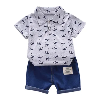 Baby Boy Clothing Summer Set Newborn Clothes Toddler Kids Baby Boy Short Sleeve Crown Модел Тениска На Върховете+ Denim Pants Set