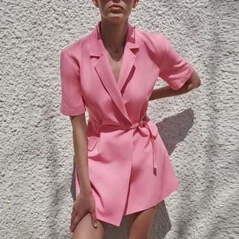 ТРАФИКА Za Women Pink Blazer Dress 2021 Летни Рокли женски мини Ежедневни Рокли с Къс Ръкав Дамски V-образно Деколте и Колан Елегантна Рокля