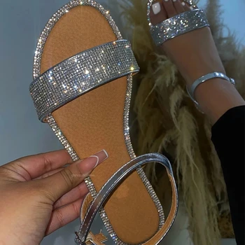 2021 Кристал Sandals Bright Diamond Women Bling Slippers Casual Outdoor Travel Плосък Beach Shoes Summer Travel Women Sandals