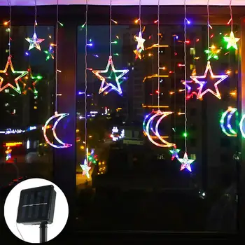 Коледна украса Слънчеви led Завеси Светлини със Звездите Луни Димиране 8 Режима на Осветление с Таймер Трептене на Струнен Светлина