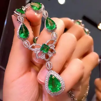 DIWENFU Real S925 Сребро Emerald Висулка Луксозни Бижута Дизайнери Капка Вода Бохемия Смарагд Бижута Окачване Жени