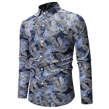Blue Leaves Print Dress Shirt Men 2021 Brand New Slim Fit Long Sleeve Hawaiian Shirt Mens Down Button Party Тениски For Holiday