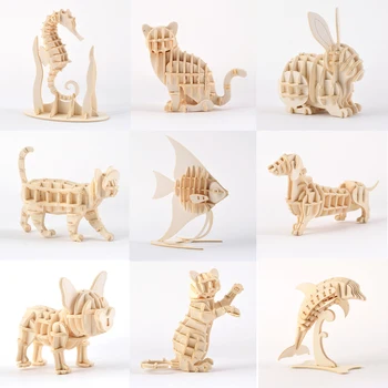 Предварително Рязане направи си САМ Играчка 3D Дървена Пъзел на Животно Котка, Куче Риба Играчка за Сглобяване на Модели и Комплекти за Деца от Деца