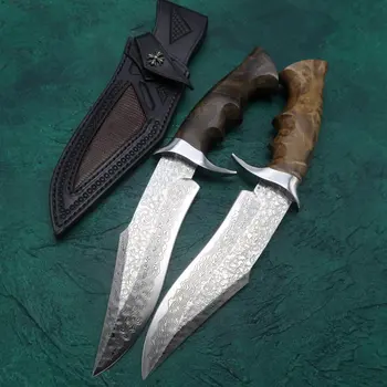 TUWO Ловен нож Дамаск самозащита открит нож с висока твърдост преносими къмпинг нож за оцеляване с нож комплект