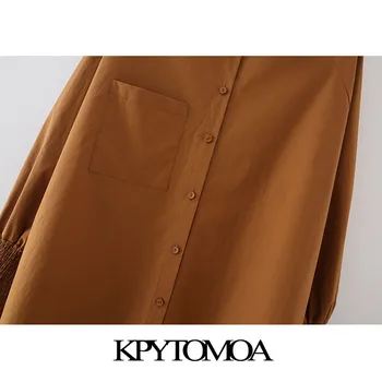 KPYTOMOA Women 2021 Мода с джобове Извънгабаритни Асиметрични блузи Реколта дълги ръкави с копчета Дамски Ризи, Шикозни Блузи