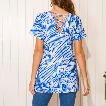 Плюс размер Мода Tie-dye Блуза Кухи Превръзки Туника Върховете Ежедневни Летни Дамски Дамски Топ С Къс Ръкав Blusas Пуловер