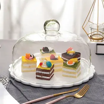 1 Компл. Торта Със Стъклен Капак На Кутията За Храна Десерт Торта Чиния Пылезащитная Капак (Бял)