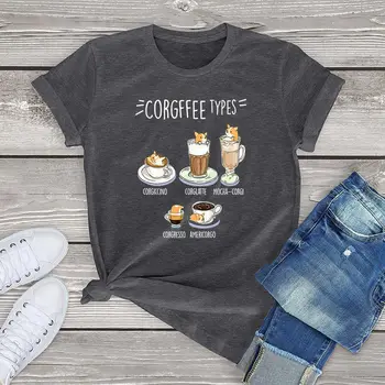 100 памук забавна тениска Corgi Куче Кръгъл Стил Изкуство унисекс облекло Kawai Corgi Куче женска риза реколта сладък графики тениски на момичета