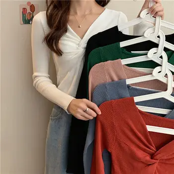 2020 Нов Стил за Есента и Зимата Долна Риза, V-образно деколте С Дълъг Ръкав обтягивающий Пуловер Плетиво Риза Пуловер Топ за жени