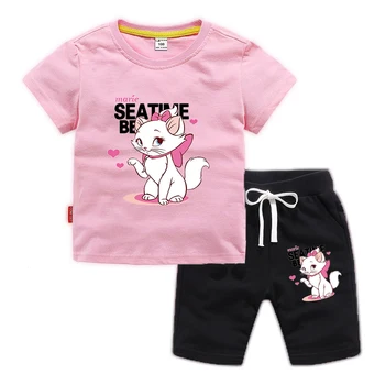 Лято 2021 2-10 години Мари Котка Clothes Блузи с къси Ръкави за Момичета Aristocats Cat Tshitrs Сладко Baby Clothes Set