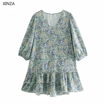 Za Women Vintage Satin Print Mini Summer Dress 2021 Long Puff Sleeve Разчорлям Hem Party Dresses Woman Fashion Губим Soft Vestidos
