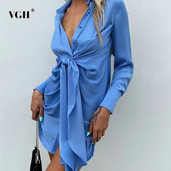 VGH Blue Lace Up Bowknot Dress For Women на Ревера с Дълъг Ръкав Висока талия Ruched Slim Mini Dresses Дамски Новата Пролетна Мода