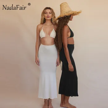 Nadafair Sexy Summer Sleeveless Strap Dress Sets Women Без Гръб White Night Club Party Frmme 2021 Bodycon Maxi Dress