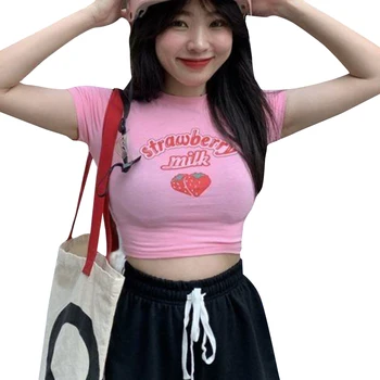 Y2k Kawaii Pink Cropped Върховете Ulzzang Harajuku Sweet Strawberry Milk Letter Print T-Shirt Корея Модни дамски Дрехи 2021