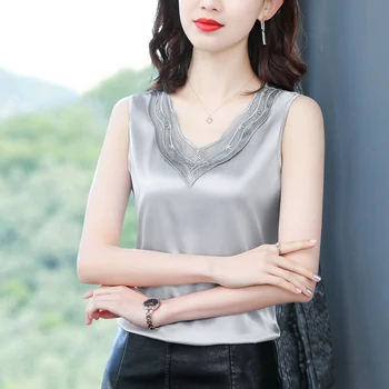 Лятна Корейската мода Коприна майк Дамски Сатен Офис дама Майк Окото Плътен Черен Топ Cami Свободен за жени