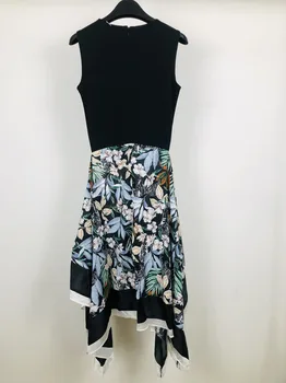 Gezelligheid Dreses For Women 2021 New Fashion Elegnt O Neck Секси Трикотажное рокля без ръкави Forest Plant Printed Irregular Midi Dress