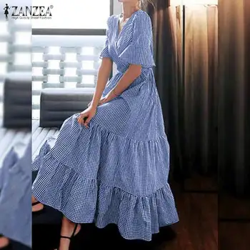 Винтажное женствена рокля с волани ZANZAE 2021 Лятото с Къс Ръкав Maxi Vestidos Случайни каре Дълъг сарафан Празнична дреха