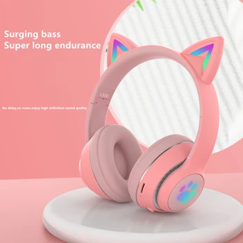 Карикатура led ефектно осветление сладък котка ухото безжична Bluetooth слушалка може да свържете микрофон за подкрепа TF карта момичета и деца
