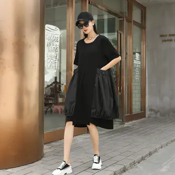 XITAO Big Pocket Patchwork Black Dress 2021 Summer New Fashion Casual Губим Slim Mid-length Short-sleeved О-образно деколте Dress WMD0795